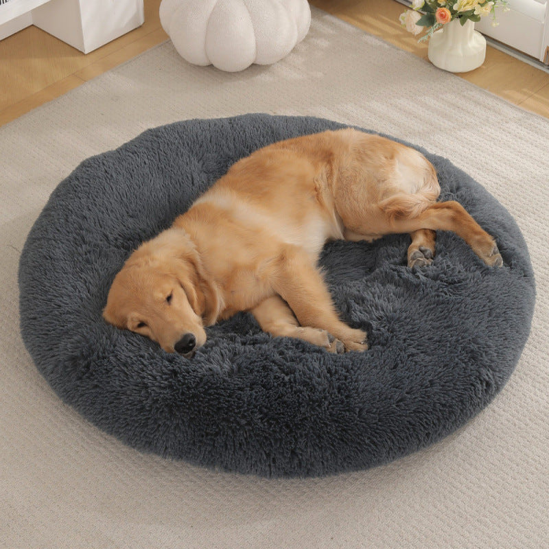 Calming Round Plush Dog Bed – Soft Warm Anti-Anxiety Pet Bed