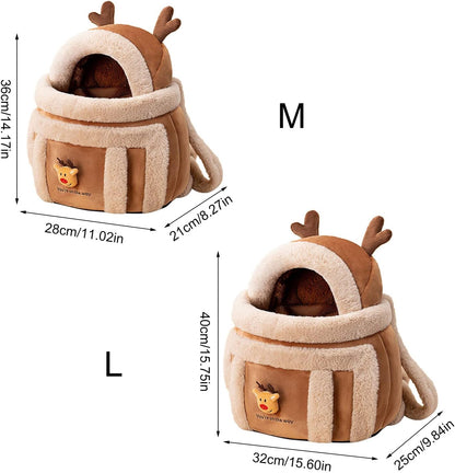 Plush Reindeer Pet Carrier Backpack Travel Bag with Hand Warmers