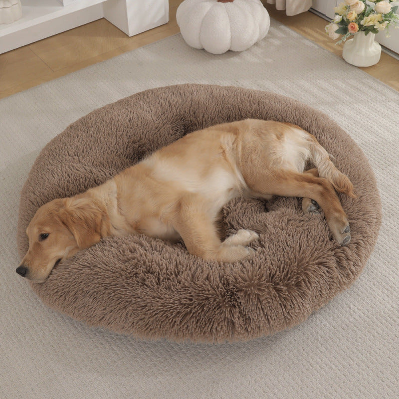 Calming Round Plush Dog Bed – Soft Warm Anti-Anxiety Pet Bed