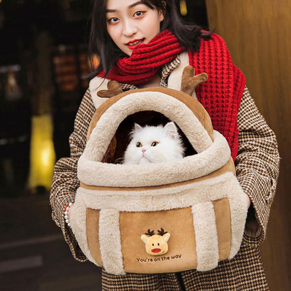 Plush Reindeer Pet Carrier Backpack Travel Bag with Hand Warmers