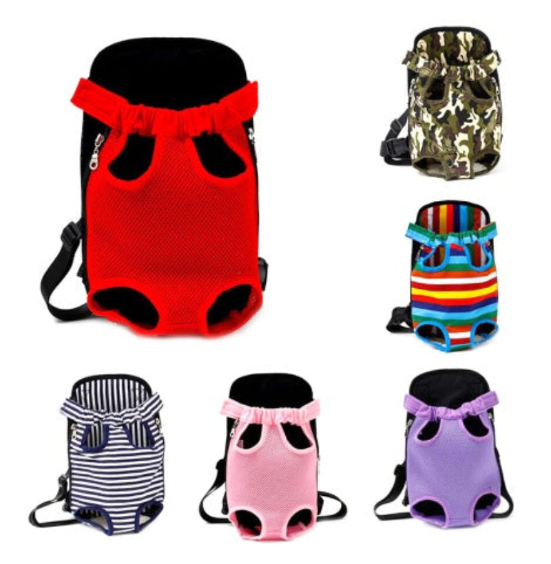 Collection of colorful pet carriers in various designs on a white background