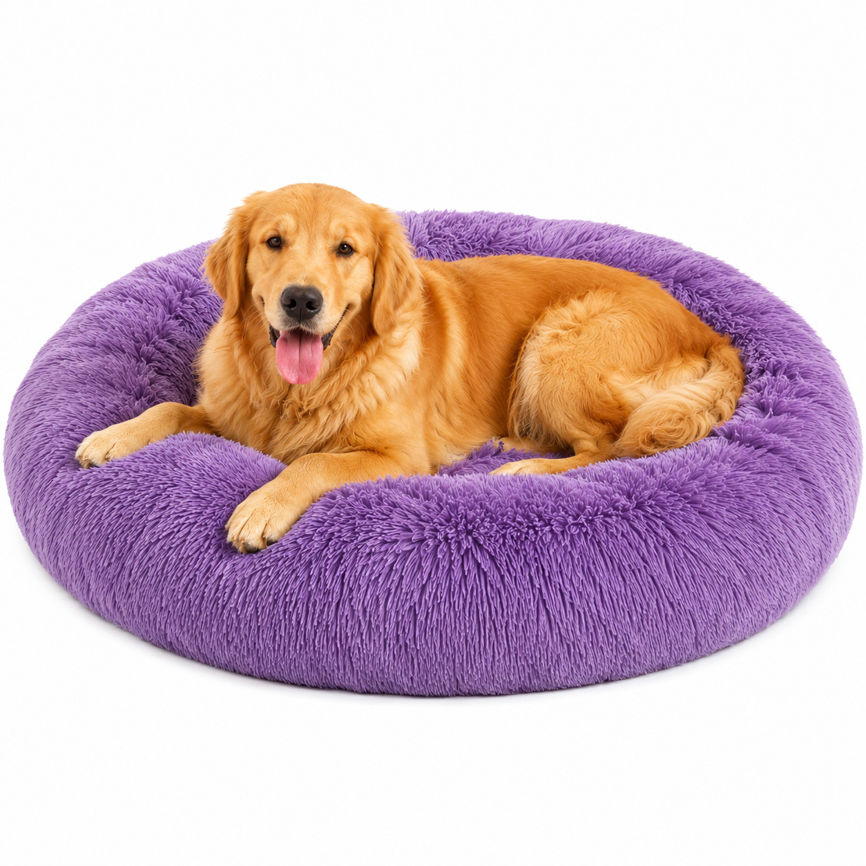 Calming round plush dog bed for comfortable pet sleep