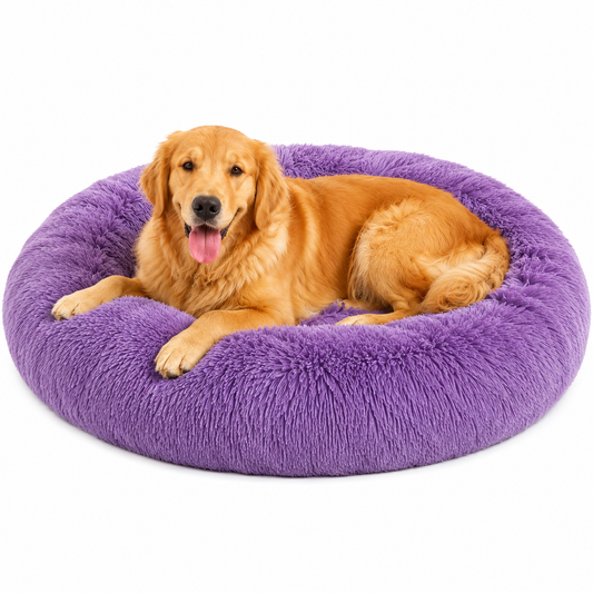 Calming round plush dog bed for comfortable pet sleep