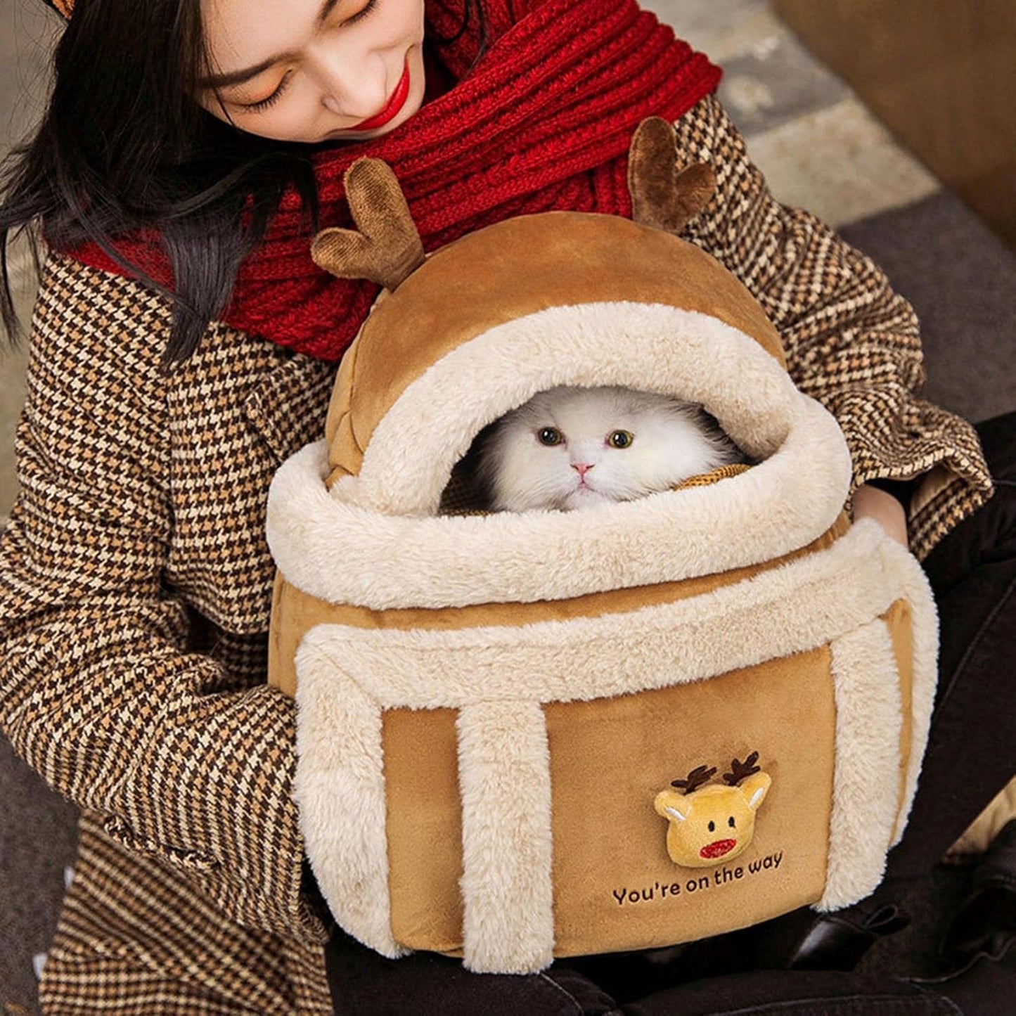 Plush Reindeer Pet Carrier Backpack Travel Bag with Hand Warmers