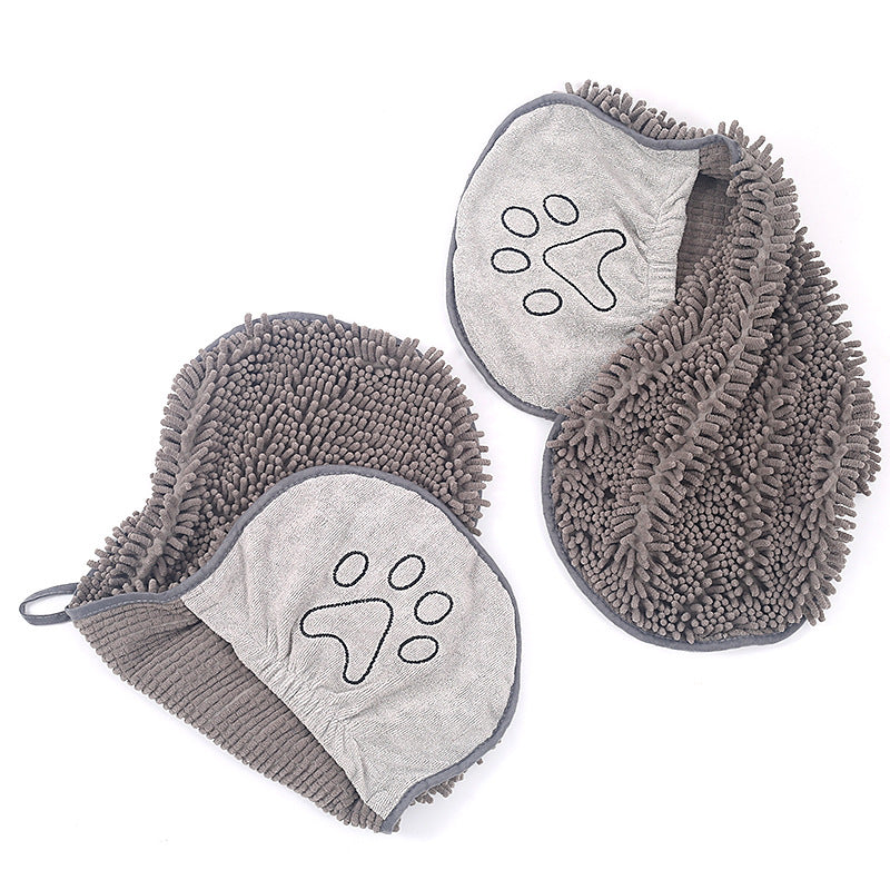 Gray pet scrubbing towel glove for dogs and cats