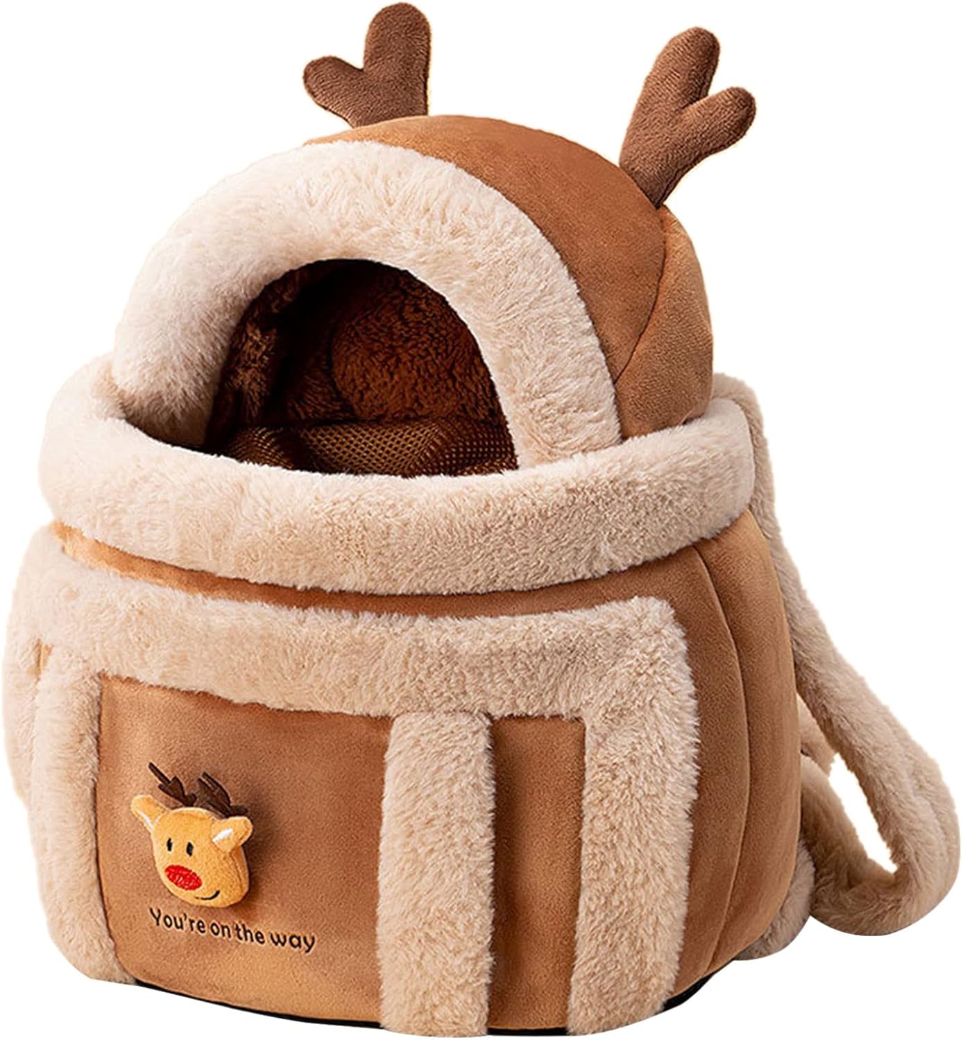 Plush reindeer pet carrier backpack for small dogs and cats