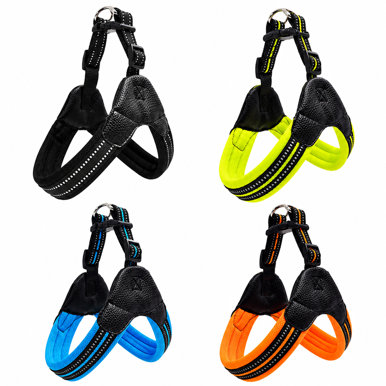 Four dog harnesses in black, yellow, blue, and orange on a white background