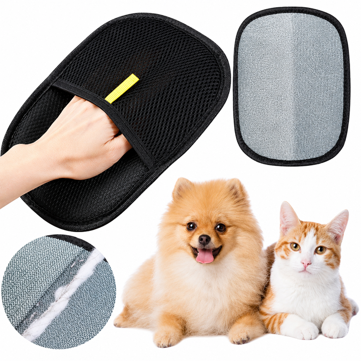Pet grooming tool with a hand holding it, a dog, and a cat on a white background.